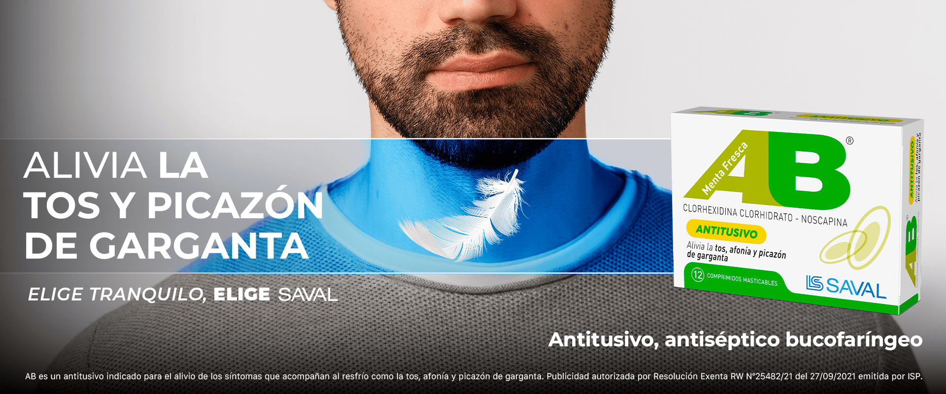 Imagen del medicamento AB de Laboratorios Saval, que alivia la tos, afonía y picazón de garganta.
