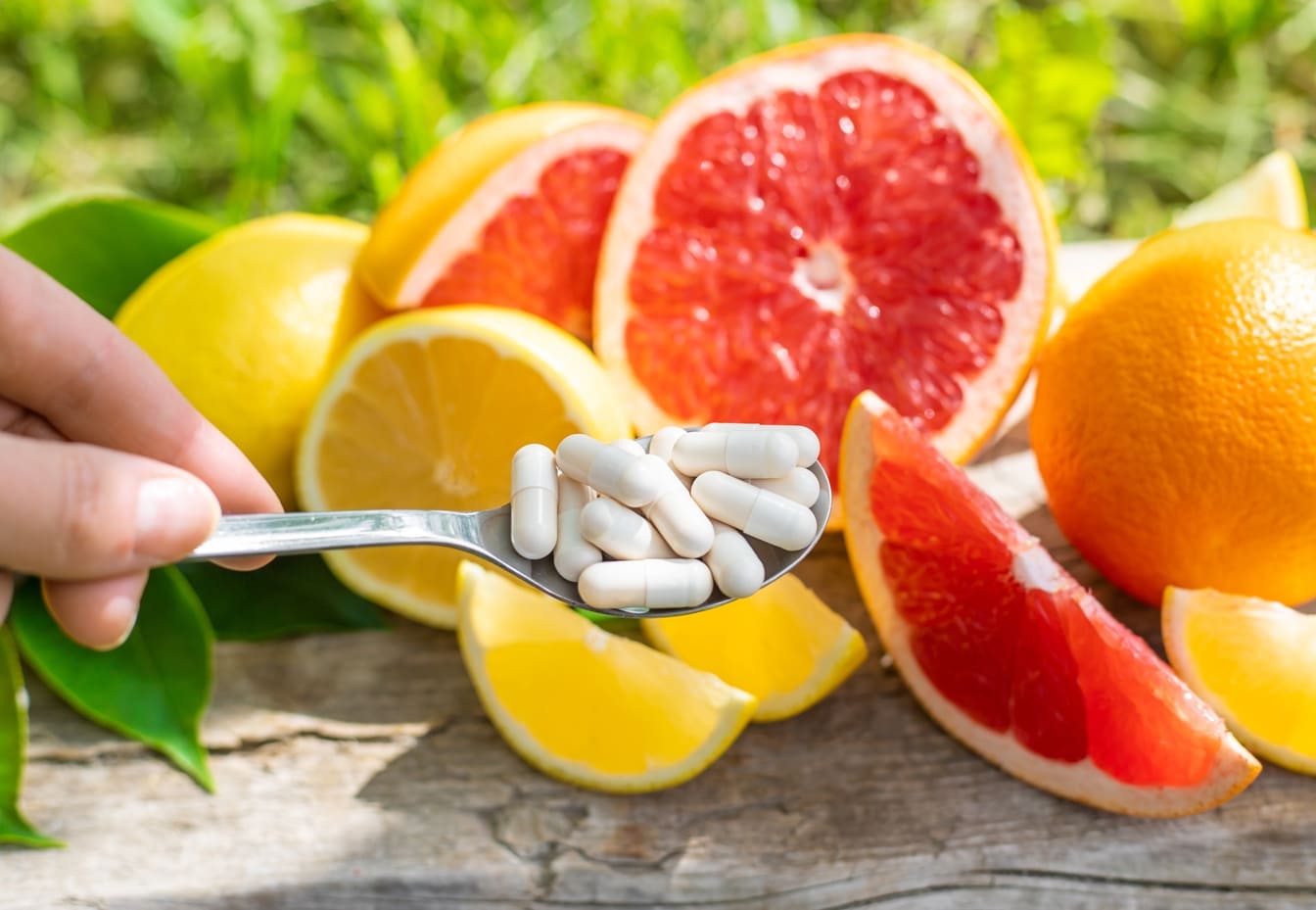 Pastillas de vitamina C sobre frutas cítricas.