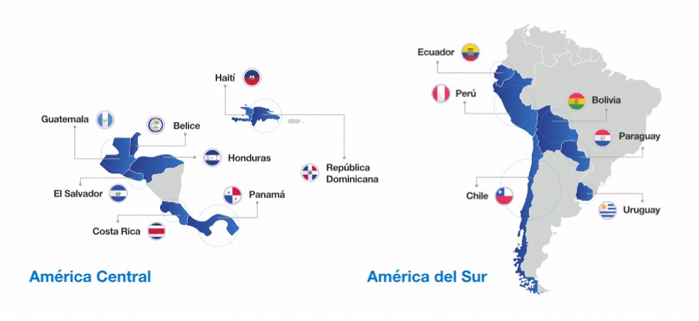 Mapa de los países de América Central y América del Sur con presencia de Laboratorios SAVAL.